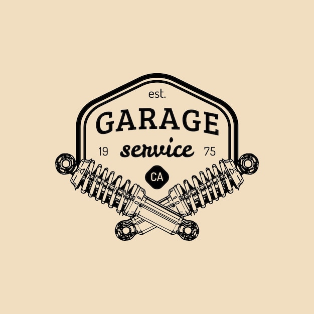 Logo di riparazione auto con illustrazione dell'ammortizzatore vector vintage disegnato a mano garage auto servizio poster pubblicitario ecc