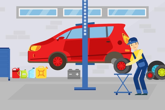 Vector car repair service auto mechanic character changing wheel in red car lifted on autolifts vector