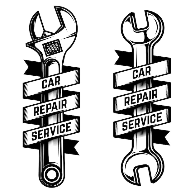 Car repair service emblem template. wrench with ribbon