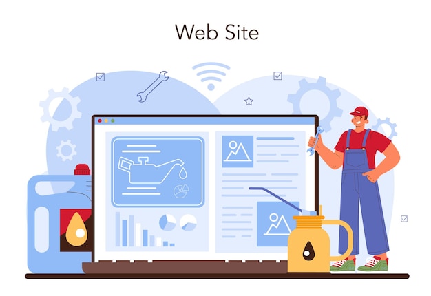 車の修理サービスのオンラインサービスまたはプラットフォーム。整備士は、車両のシートベルト、オイル、フィルターをチェックし、交換します。 Webサイト。フラットベクトルイラスト。