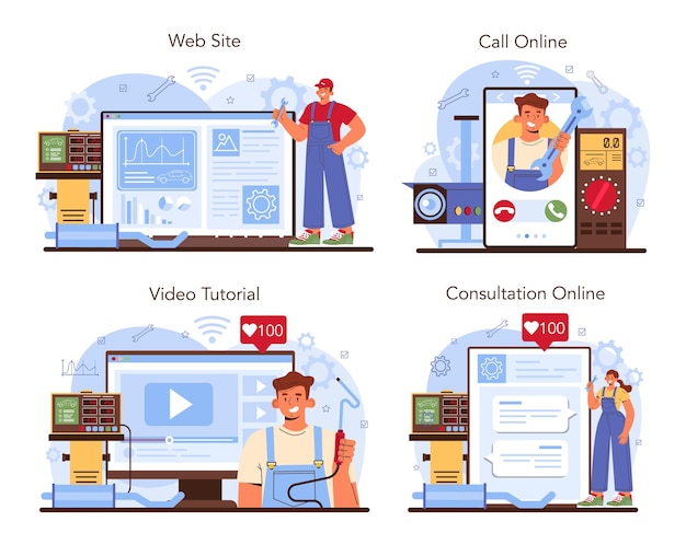 車の修理サービスのオンラインサービスまたはプラットフォームセット。自動車サービス診断機器。制服を着たワークショップメカニック。オンライン相談、電話、ビデオチュートリアル、ウェブサイト。フラットベクトルイラスト。