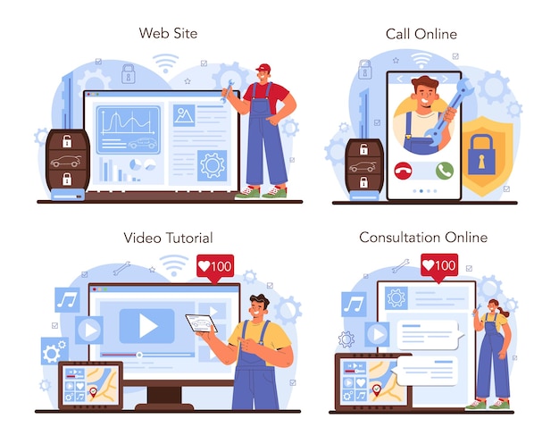 車の修理サービスのオンラインサービスまたはプラットフォームセットのメカニックチェック