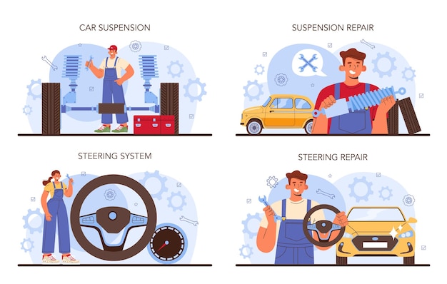 Car repair service set. Automobile components got fixed in car workshop. Mechanic in uniform check a vehicles steering or suspension system and repair it. Flat vector illustration.