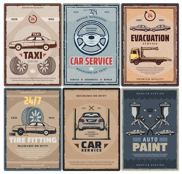 Vector car repair service and taxi or evacuation posters