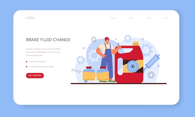 Car repair service web banner or landing page. Automobile's brake fluid got changed in car workshop. Mechanic check a braking system and repair it. Car full diagnostics. Flat vector illustration.