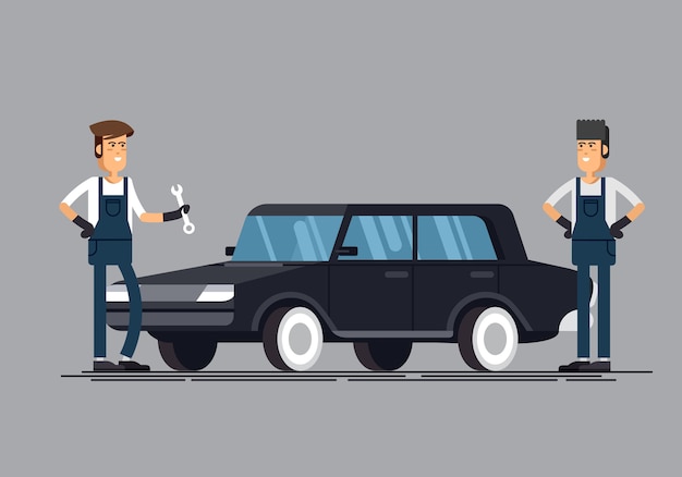 Vector car repair shop and auto service  illustration. technical maintenance flat concept with mechanic character standing next to car