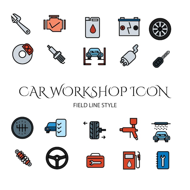 Vector car repair shop icon set flied line style