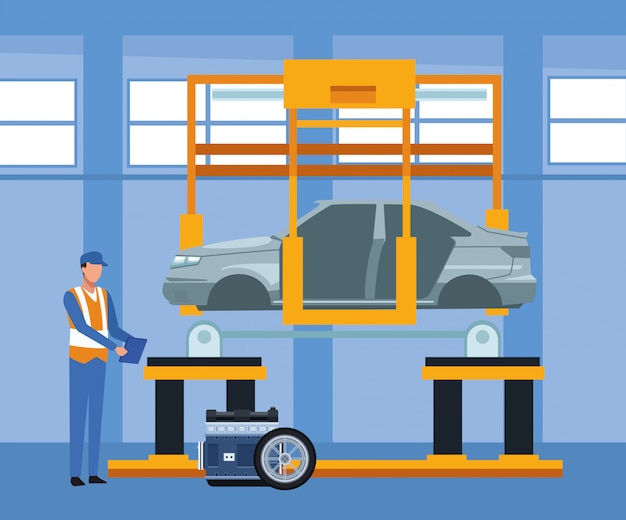 Vector car repair shop scenery with mechanic standing and machine with car lifted and car parts