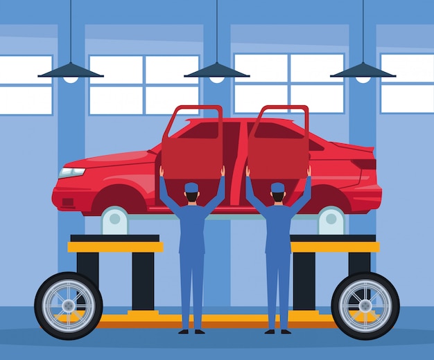 Vector car repair shop scenery with mechanics holding up a doors with lifted car body