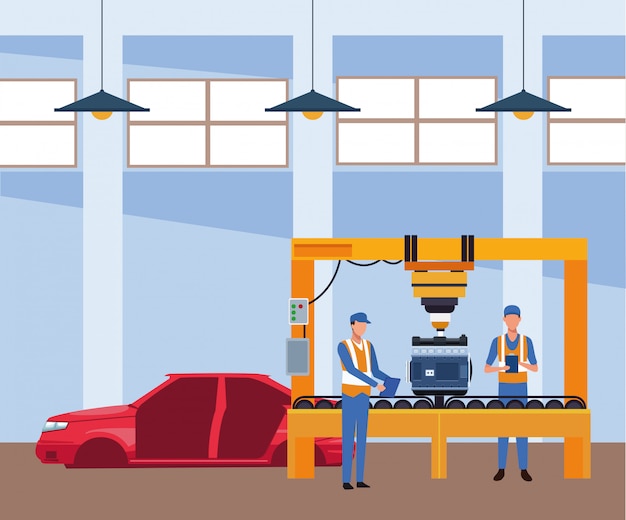 Vector car repair shop scenery with mechanics working on machine and car body