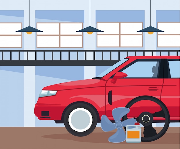 ベクトル 赤い車と関連アイコンの車修理店の風景