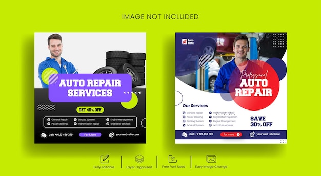 Car repair shop services Instagram post and social media banner flyer template design