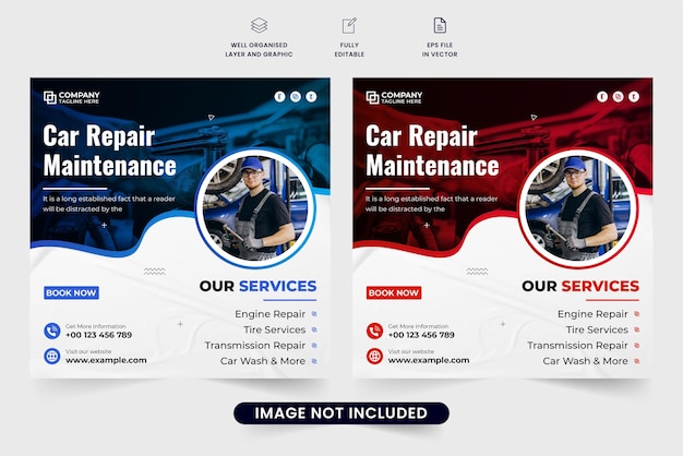 Vector car repair social media post vector for business promotion car maintenance service promotional web banner design with photo placeholders vehicle cleaning service template for social media marketing