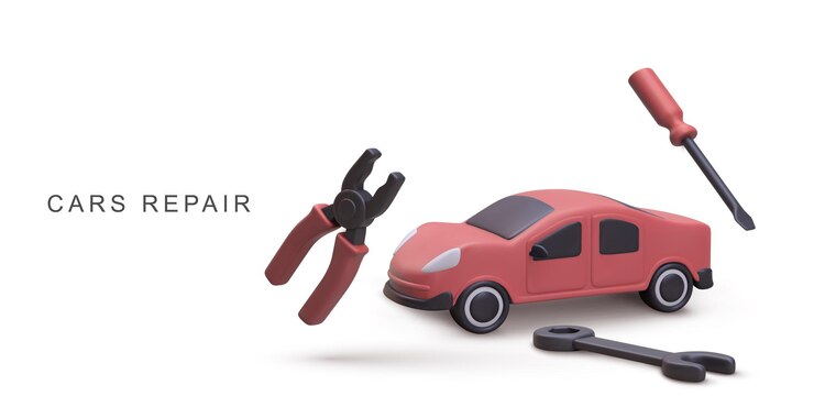 Vector car repair tools and vehicle in minimal 3d style clean isometric illustration featuring