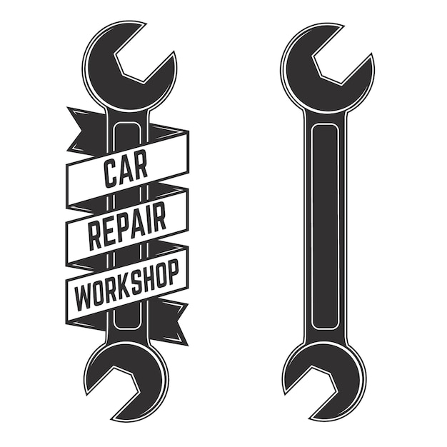 Vector car repair workshop emblem template with car wrench in engraving style design element for logo label emblem sign badge vector illustration