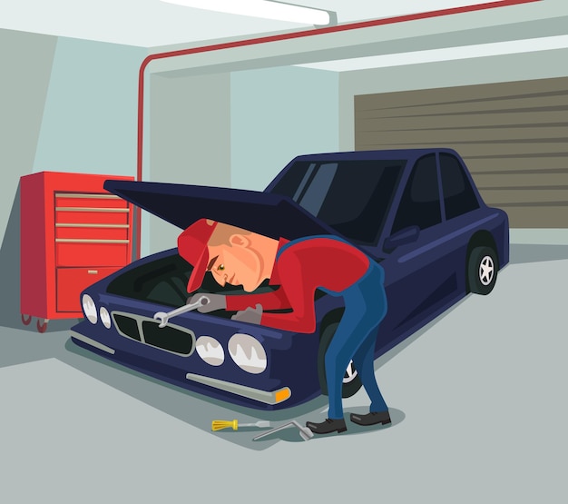 Vector car repairs worker character doing repair flat cartoon illustration