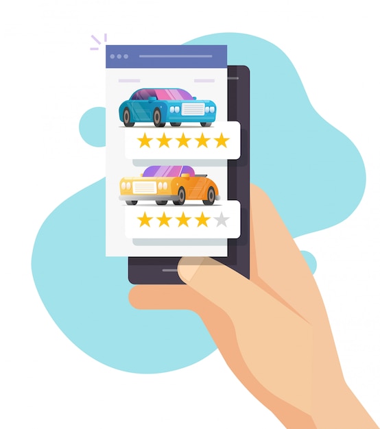 Car review rating online on person mobile phone