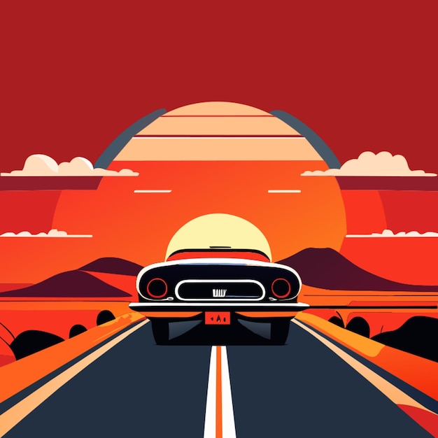 Vettore giro in macchina al tramonto cartone animato di illustrazione vettoriale