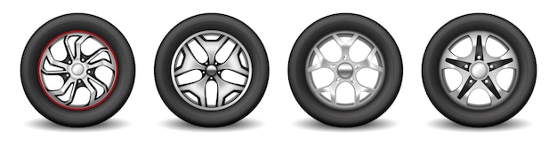 Vettore set cerchi auto con pneumatici in gomma e dischi moderni cromati per la protezione delle ruote del veicolo. concetto di attrezzatura di servizio di vulcanizzazione. illustrazione vettoriale 3d