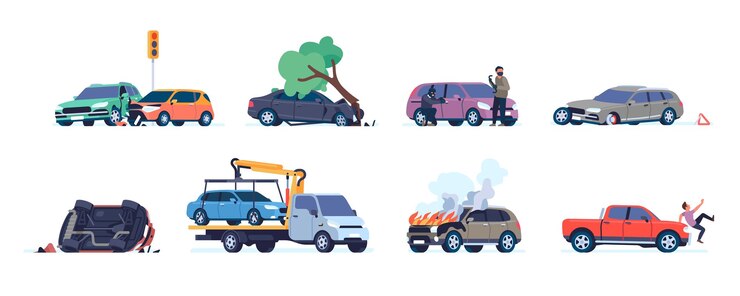 Vector car road accident different situations with wrecked vehicles evacuator picks up car automobile crashes and knocking pedestrian thieves steal auto vector transport disasters set