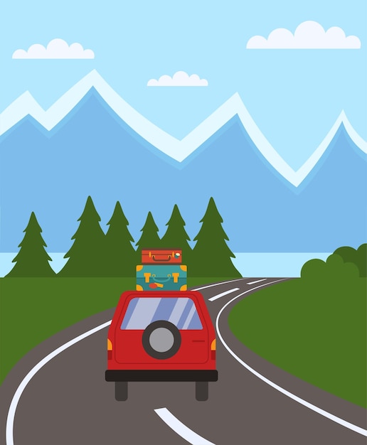 Car On The Road To The Mountain Landscape Vector Illustration In Flat Style