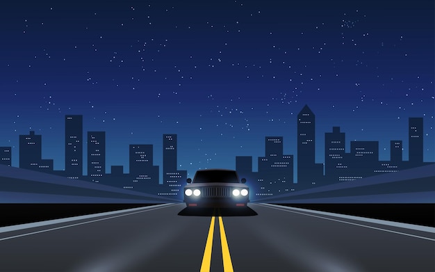 Vettore viaggio in auto di notte con lo skyline della città sullo sfondo