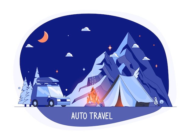 ロッキー山脈のシルエット、夜の風景の車。夏休みの計画車での世界旅行夏休み、観光、休暇のテーマ家族旅行。旅行またはロードトリップの概念