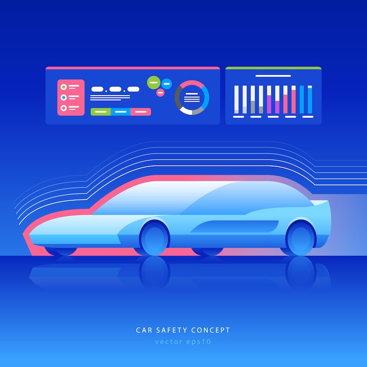Vector car safety concept. futuristic car with sensing and communication,  illustration