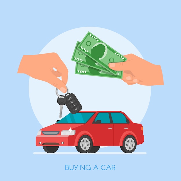 Car sale illustration. customer buying car from dealer concept. salesman giving key to new owner. hand holding money.