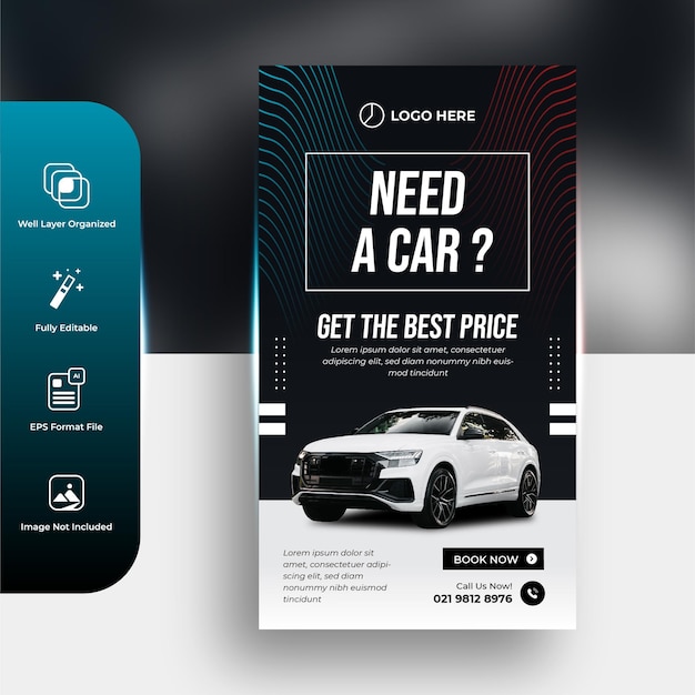 Progettazione di modelli di social media per storie di promozione di poster di vendita e noleggio auto