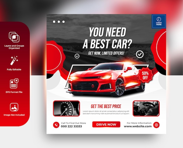 Poster di promozione di vendita o noleggio auto post social media template background design