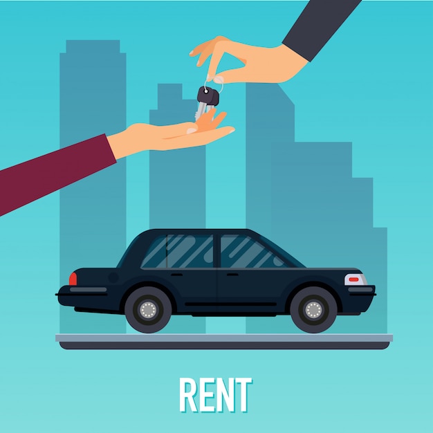 Car seller hand giving key to buyer. selling, leasing or renting car service.   modern  illustration concept.