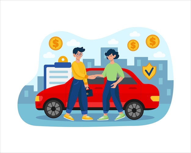 Servizio auto infografica broker automobilistico assicurazione veicolo contratto per incidente di sicurezza reclamo per agente automobilistico trasporto a noleggio stretta di mano del cliente e del rivenditore pagina di destinazione vettoriale