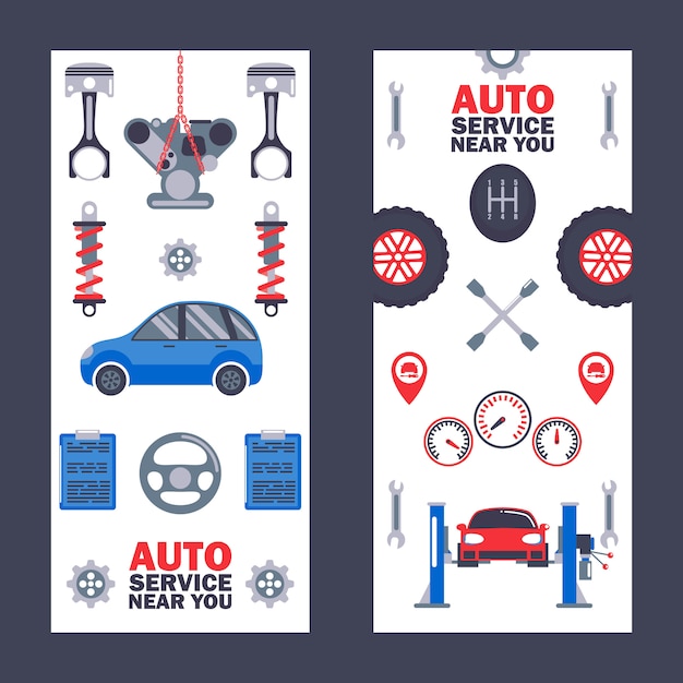 Car service banners professional auto maintenance center vehicle repair diagnostics and tuning