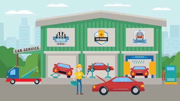 車サービスの建物の図。洗車、修理、オイル交換、レッカー車。レンチとツールボックスが付いている車の近くに立ってサービスの技術者男性労働者。