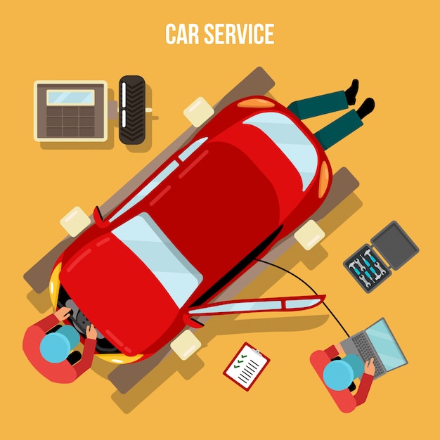 Vettore servizio auto. riparazioni auto e diagnostica. maintanence automatico. serviceman al lavoro. illustrazione vettoriale