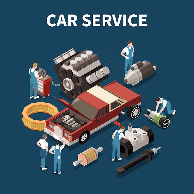 Car service concept with spare parts symbols isometric  illustration