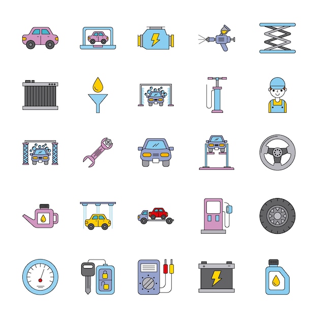 Car service equipment tool support set icons