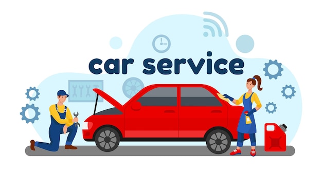 car service garage maintenance by auto mechanic automotive diagnostics automobile repair center workshop vehicle assistance mechanicals fixing broken transport vector concept