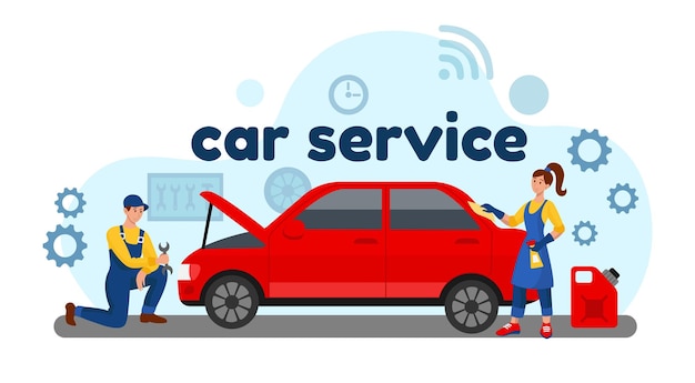 Car service garage maintenance by auto mechanic automotive diagnostics automobile repair center workshop vehicle assistance mechanicals fixing broken transport vector concept