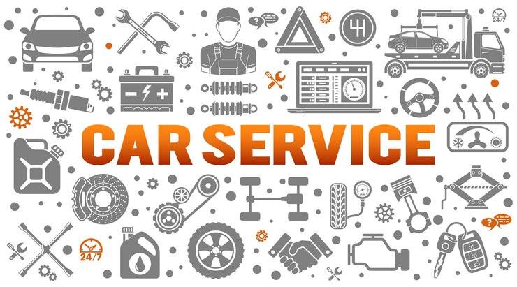 Vector car service horizontal banner. diagnostics, car repair, assistance, tire service for poster, web site, advertising. flat icons like mechanic, tow truck, spark plug. isolated vector illustration