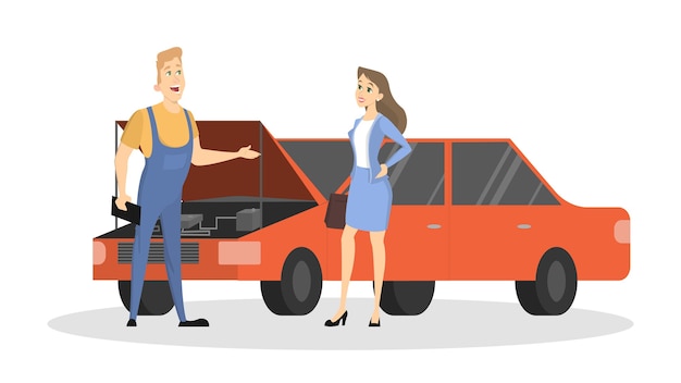 Car service illustration. woman with broken car with repairman.