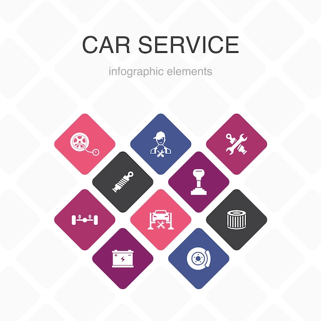 Car service Infographic 10 option color design.disk brake, suspension, spare parts, Transmission  simple icons