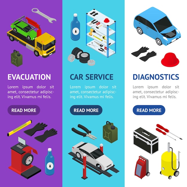 Car service interior with furniture banner vecrtical set isometric view vector