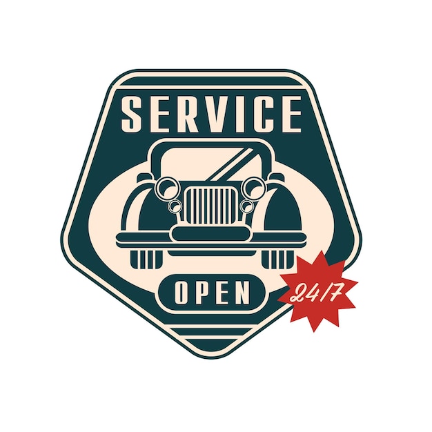 Car service logo open 24 7 auto repair retro vintage label vector Illustration isolated on a white background