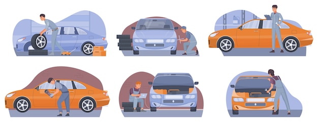 Car service maintenance compositions in flat design