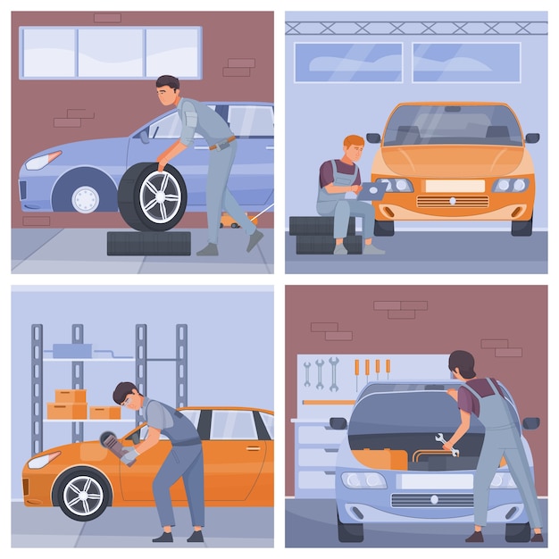 Car service maintenance illustrations in flat design