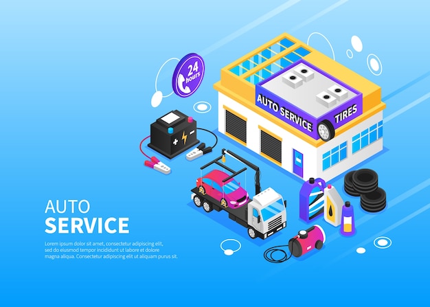 Vector car service maintenance isometric background