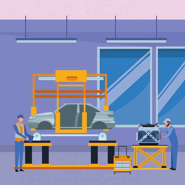 Vector car service manufacturing cartoon