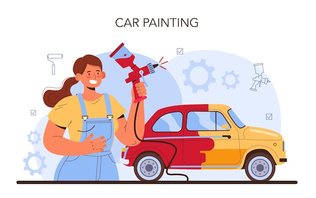 Vector car service. mechanic in uniform paint a body of vehicle. professional with equipment paint an automobile with a different color with spray-gun. flat vector illustration